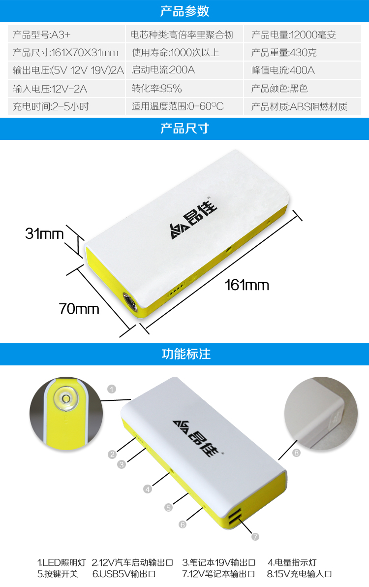 昂佳A3+S汽車應(yīng)急啟動電源產(chǎn)品參數(shù)